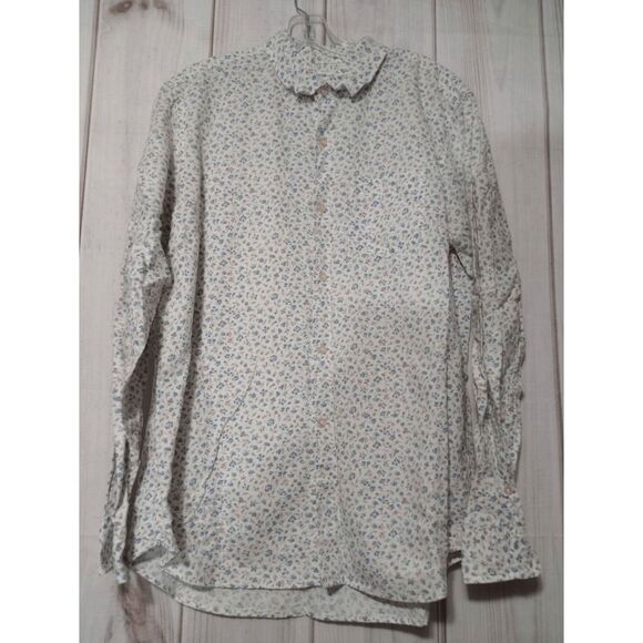 Gap Shirt Ladies Large Button Front‎ Linen Blend Blue Floral CottageCore - Picture 1 of 8